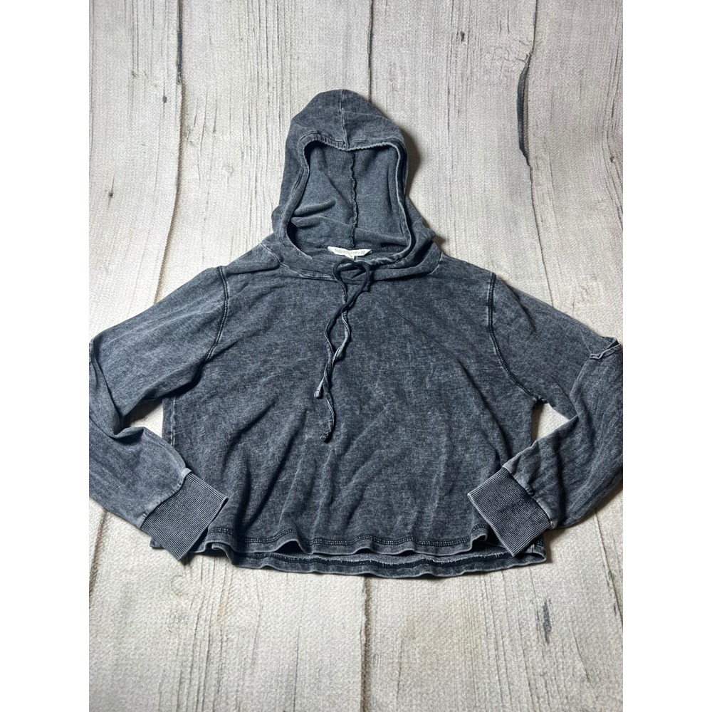 Hippie Laundry Hoodie Women Large Black Acid Wash Cold Shoulder Cropped Y2K Edgy